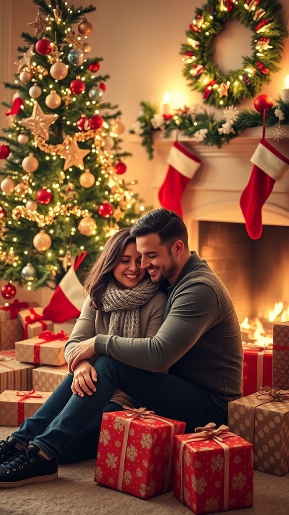 A couple enjoying a romantic moment by a Christmas tree with lights and gifts, in front of a cozy fireplace.